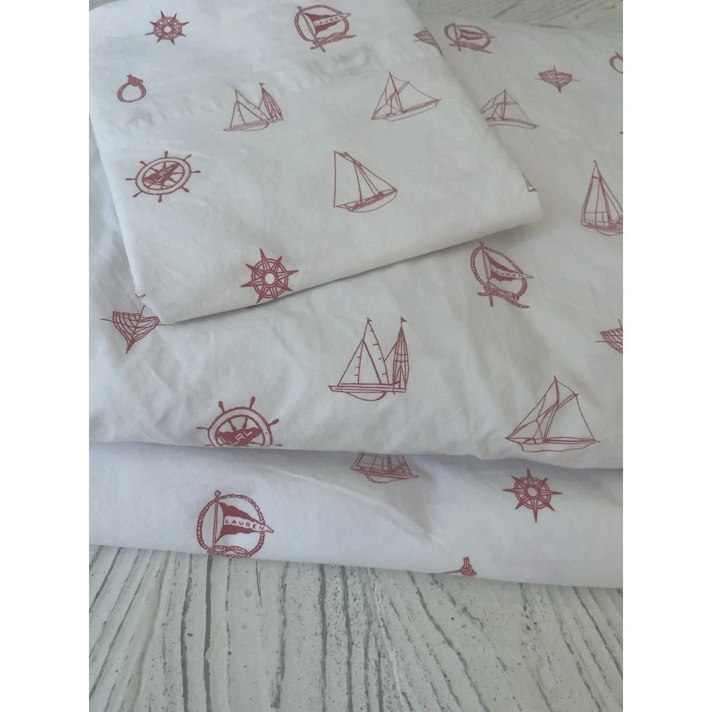 Ralph Lauren Red White Sailboat Nautical 3 Pc TWIN Sheet Set‎ Flat Fitted Case